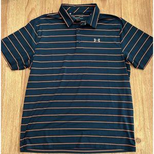 Under Armour Mens XL Polo Shirt Loose Fit Heatgear Striped Dark Teal Blue Coral